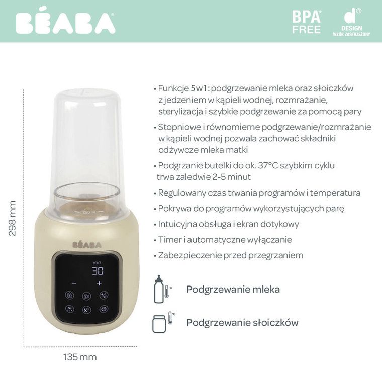Beaba, Multi Milk, wielofunkcyjny podgrzewacz i sterylizator parowy do butelek i słoiczków, 5w1, clay