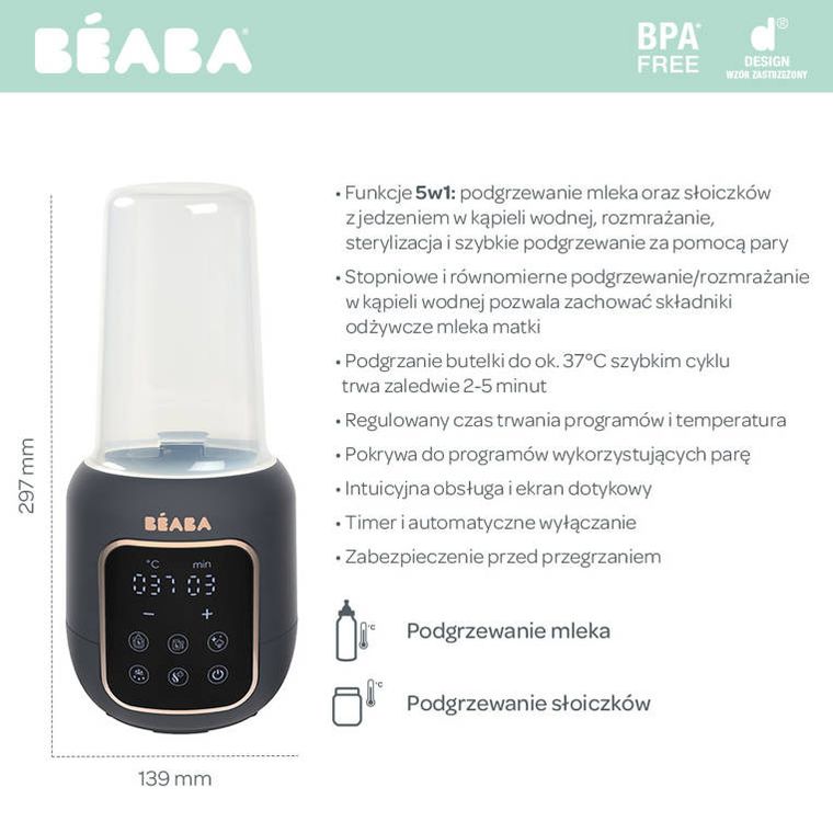Beaba, Multi Milk, wielofunkcyjny podgrzewacz i sterylizator parowy do butelek i słoiczków, 5w1, Night blue