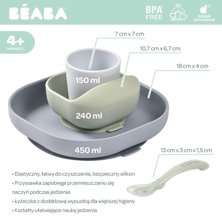 Beaba, Pebble, komplet naczyń z silikonu z przyssawką