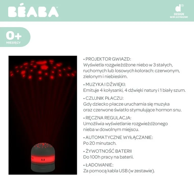 Beaba, Pixie, projektor gwiazd z pozytywką i czujnikiem płaczu, sage green