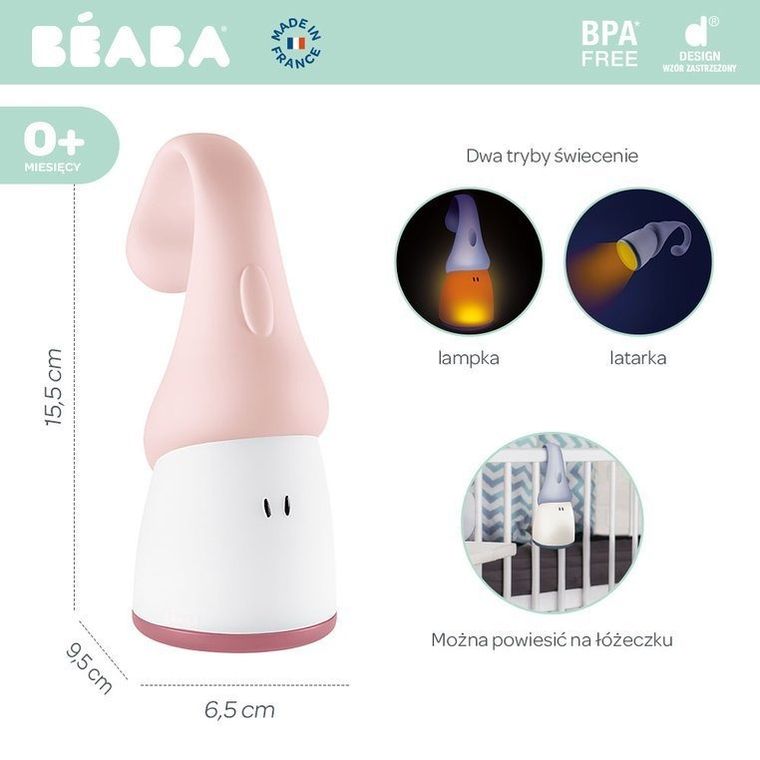 Beaba, Pixie, przenośna lampka nocna LED z latarką, 90h świecenia, różowa