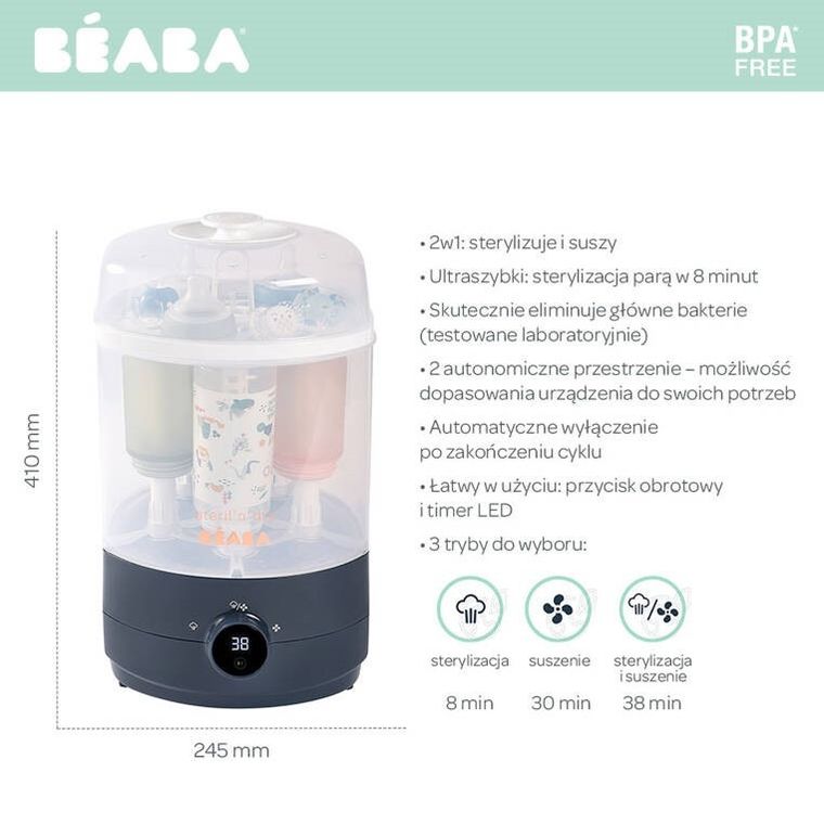 Beaba, Steril 'n' dry, sterylizator parowy z suszarką 2w1, Night Blue