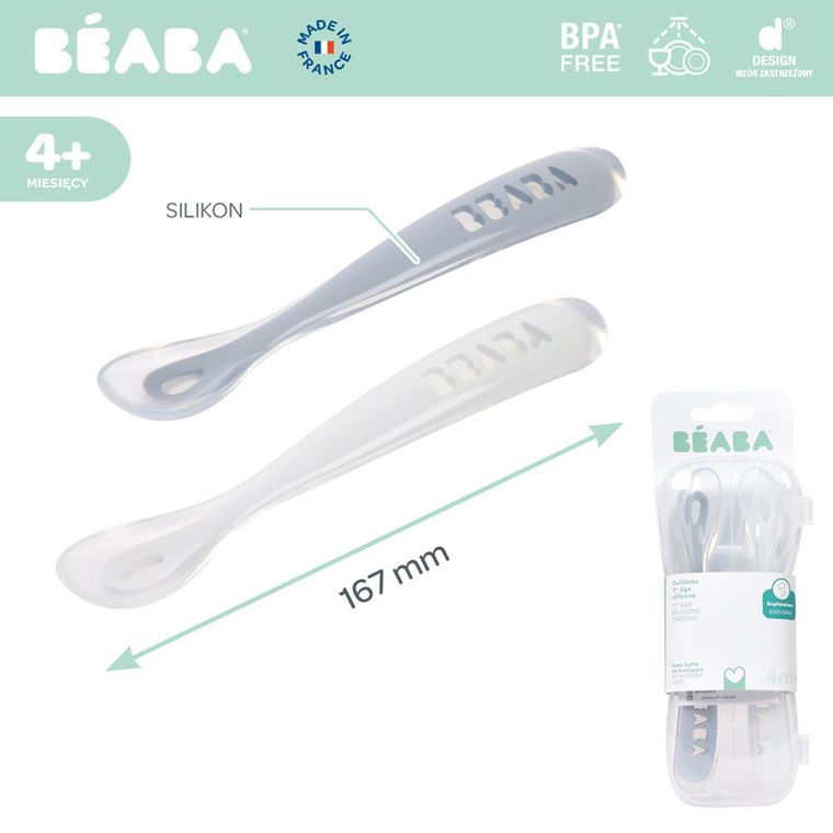 Beaba, zestaw łyżeczek silikonowych, Pebble/Cloud Blue, 4m+, 2 szt.
