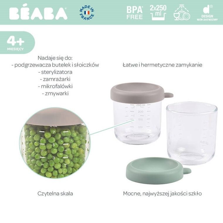 Beaba, zestaw słoiczków szklanych z zamknięciem, Sage Green/Gazelle, 2-250 ml