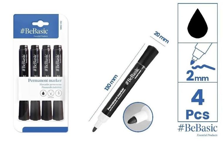 BeBasic, marker permanentny, czarny, 4 szt.