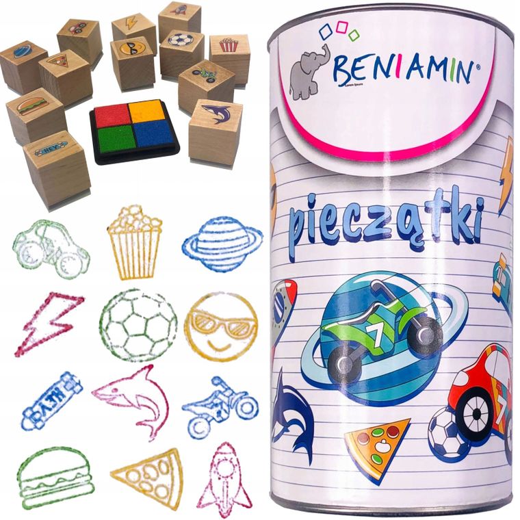 Beniamin, pieczątki drewniane w tubie, 12 elementów