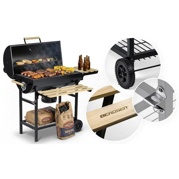 Berdsen, grill węglowy, ogrodowy, beczka z kominem, półki + termometr + popielnik, czarny, BD-895