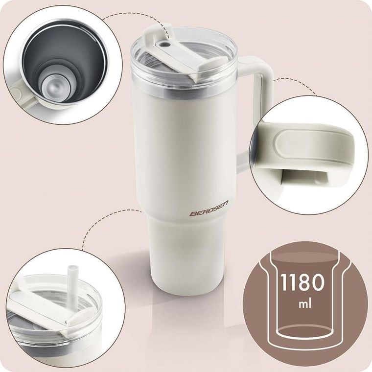 Berdsen, termos próżniowy, kubek ze słomką, kremowy, 1180 ml