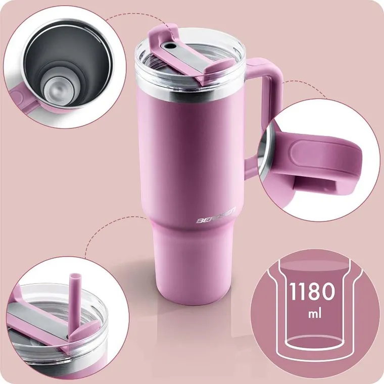 Berdsen, termos próżniowy, kubek ze słomką, różowy, 1180 ml