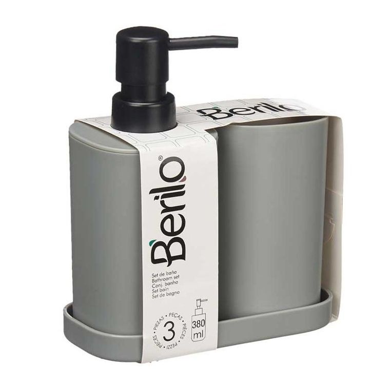 Berilo, dozownik do mydła w płynie z kubkiem na szczoteczki i podstawką, plastikowy, 3 elementy