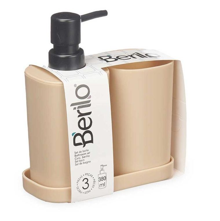 Berilo, dozownik do mydła w płynie z kubkiem na szczoteczki i podstawką, plastikowy, 3 elementy