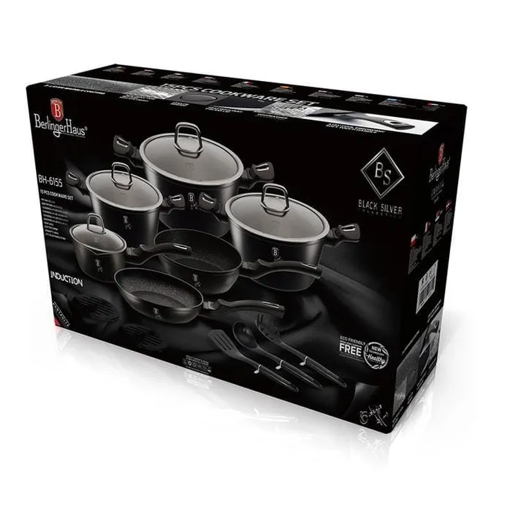 Berlinger Haus, Black Silver, zestaw: garnki granitowe z pokrywą + patelnie + akcesoria, 15 elementów