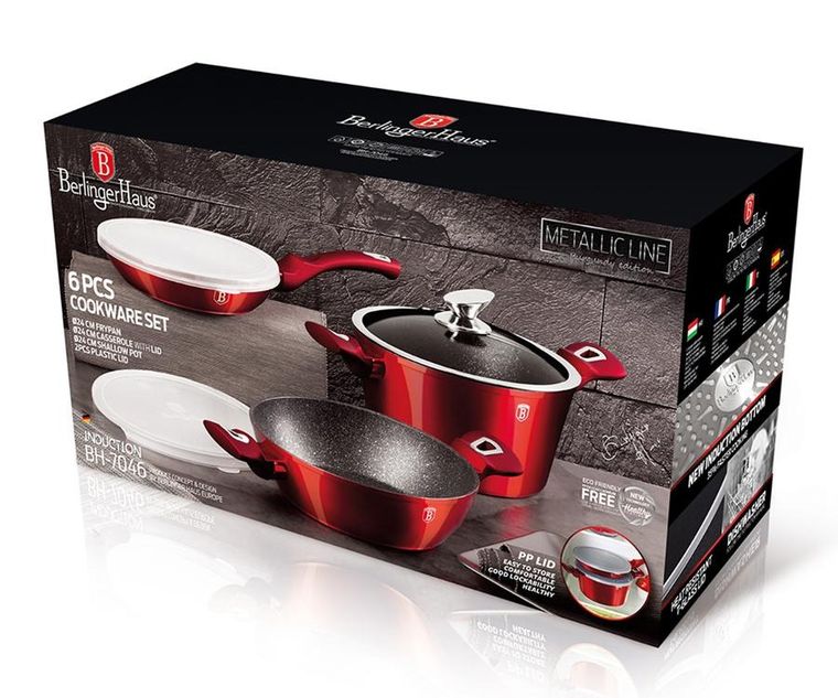 Berlinger Haus, Burgundy, zestaw: garnki granitowe z pokrywą + patelnie, 6 elementów