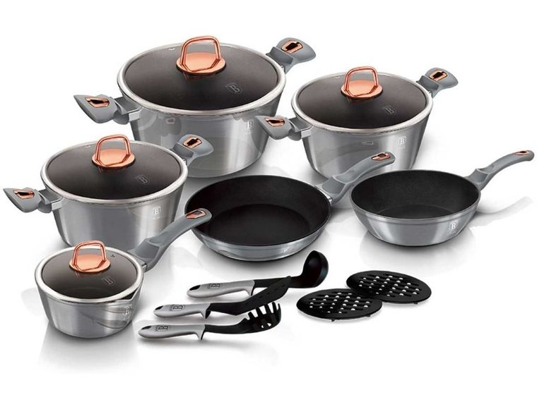 Berlinger Haus, Moonlight, zestaw: garnki granitowe z pokrywą + patelnie + akcesoria, 15 elementów