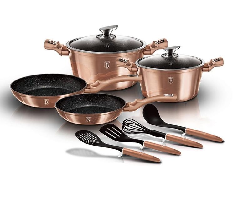Berlinger Haus, Rose Gold, zestaw: garnki granitowe z pokrywą + patelnie + akcesoria, 10 elementów