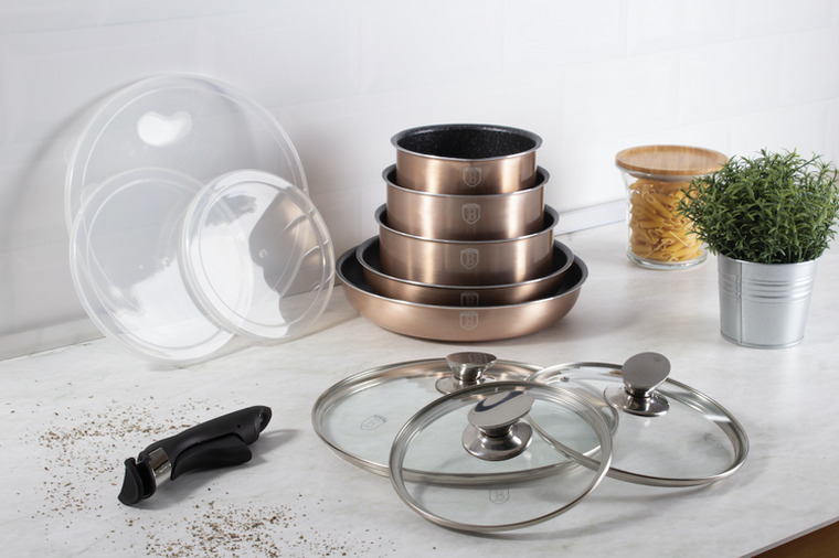 Berlinger Haus, Rose Gold, zestaw: garnki tytanowe z pokrywą + patelnie, 12 elementów
