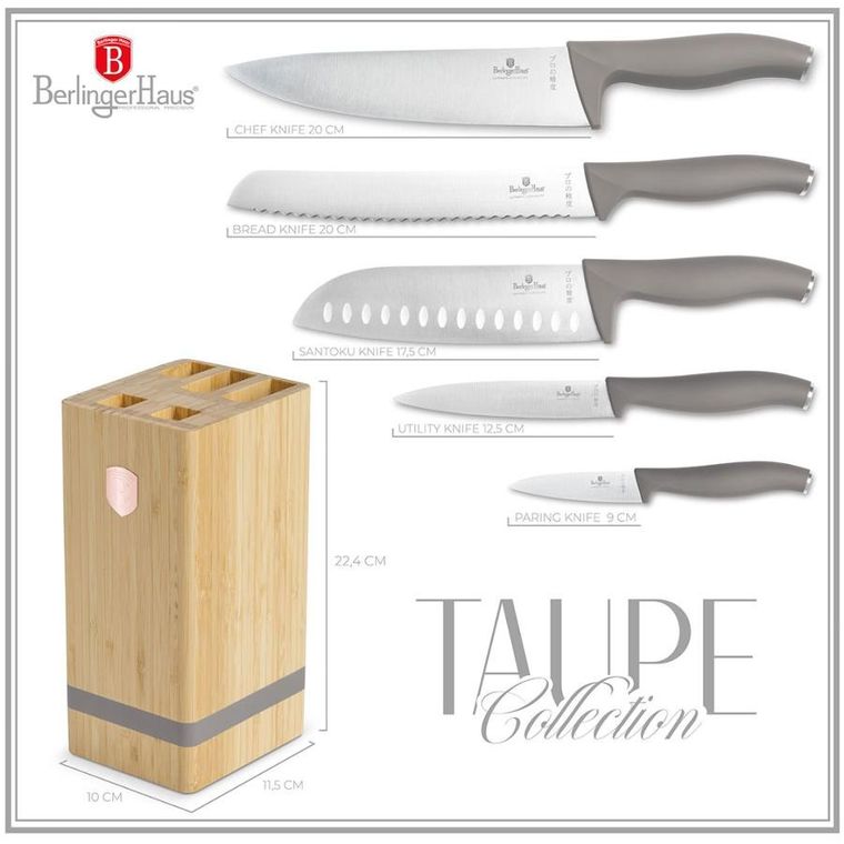 Berlinger Haus, Taupe, zestaw noży w bloku bambusowym