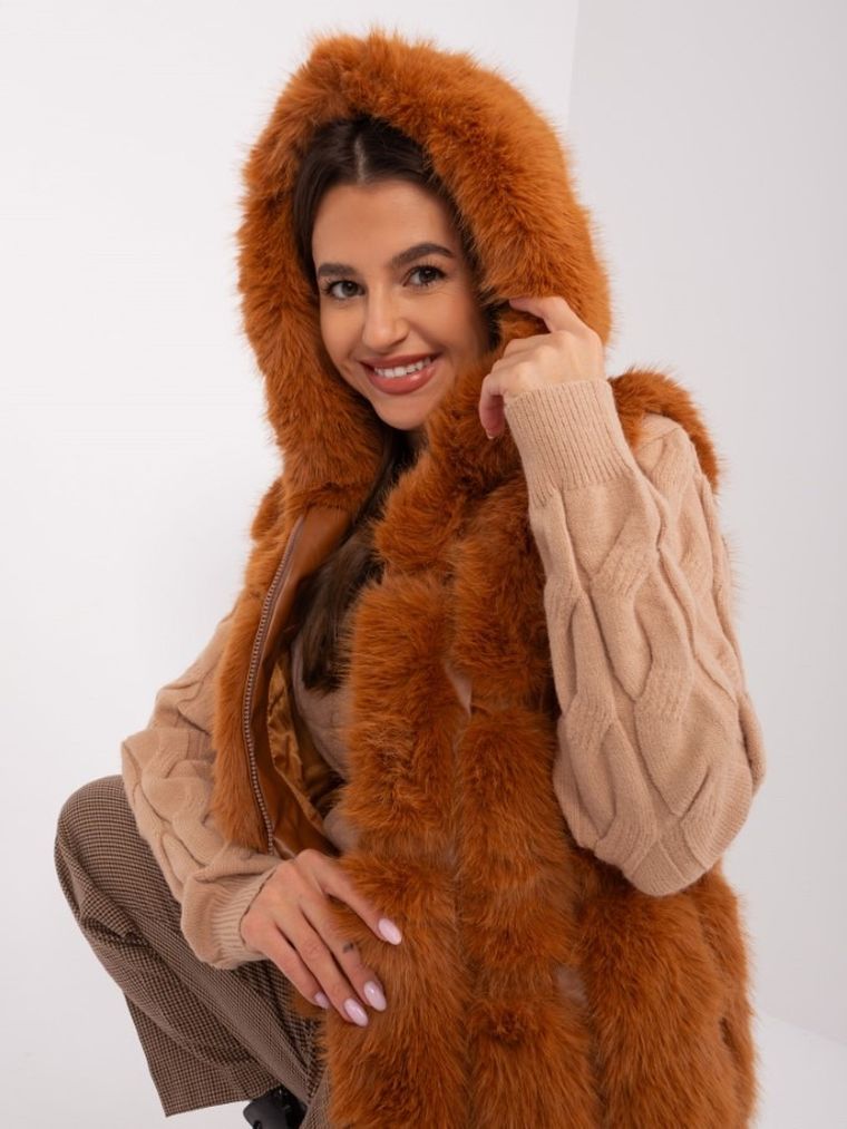 Bezrękawnik damski z kapturem, brązowy, Italy Moda