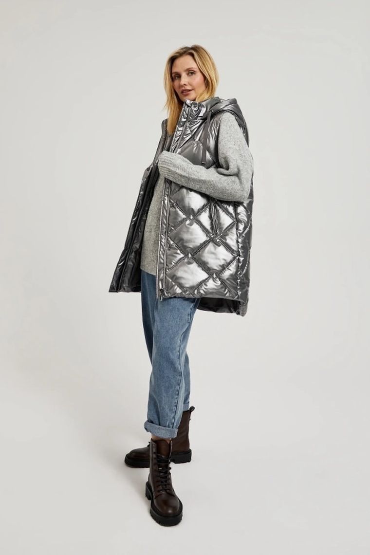 Bezrękawnik damski z kapturem, srebrny, Moodo