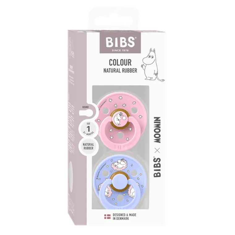 Bibs, Muminki, Colour Dreaming, smoczek uspokajający, kauczuk Hevea, Baby Pink Mix, rozmiar 1, 2 szt.