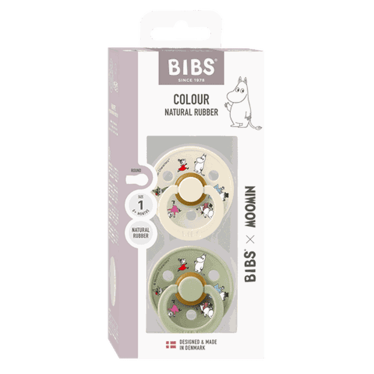Bibs, Muminki, Colour Friends, smoczek uspokajający, kauczuk Hevea, Ivory mix, rozmiar 2, 2 szt.