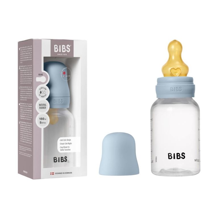Bibs, zestaw: butelka antykolkowa dla noworodków, Baby Blue, 150 ml + smoczek do karmienia o wolnym przepływie, kauczuk Hevea