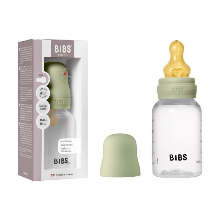 Bibs, zestaw: butelka antykolkowa dla noworodków, Sage, 150 ml + smoczek do karmienia o wolnym przepływie, kauczuk Hevea