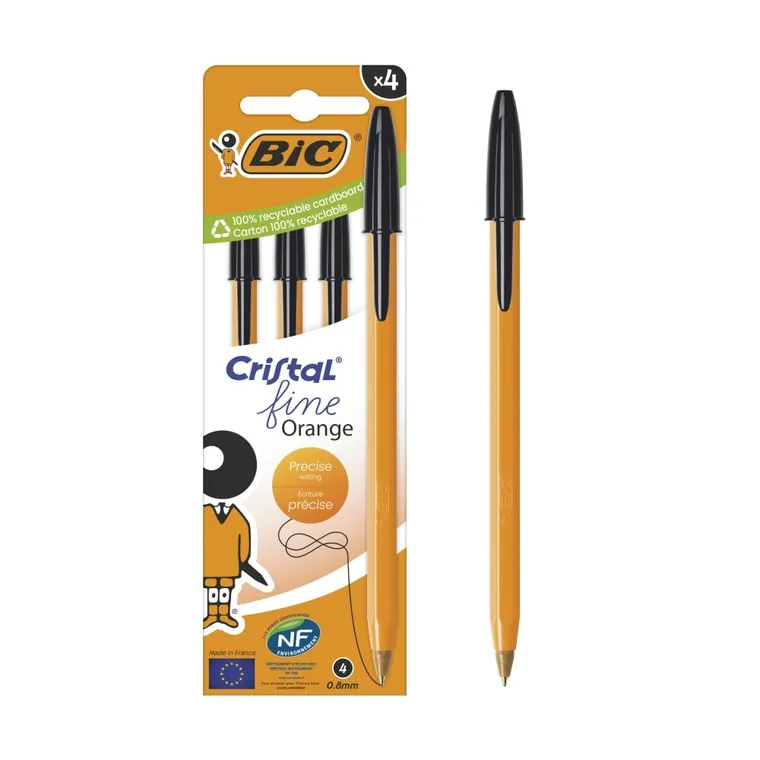 Bic, Cristal Fine Orange, długopis, czarny, 0.8 mm, 4 szt.