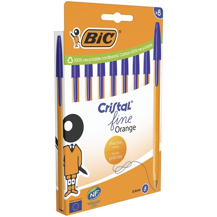 Bic, Cristal Fine Orange, długopisy, niebieskie, 8 szt.