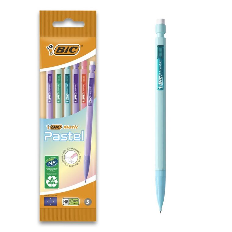 Bic, Matic, ołówkik automatyczne z gumką, HB, Pastel, 0,7 mm, 5 szt.