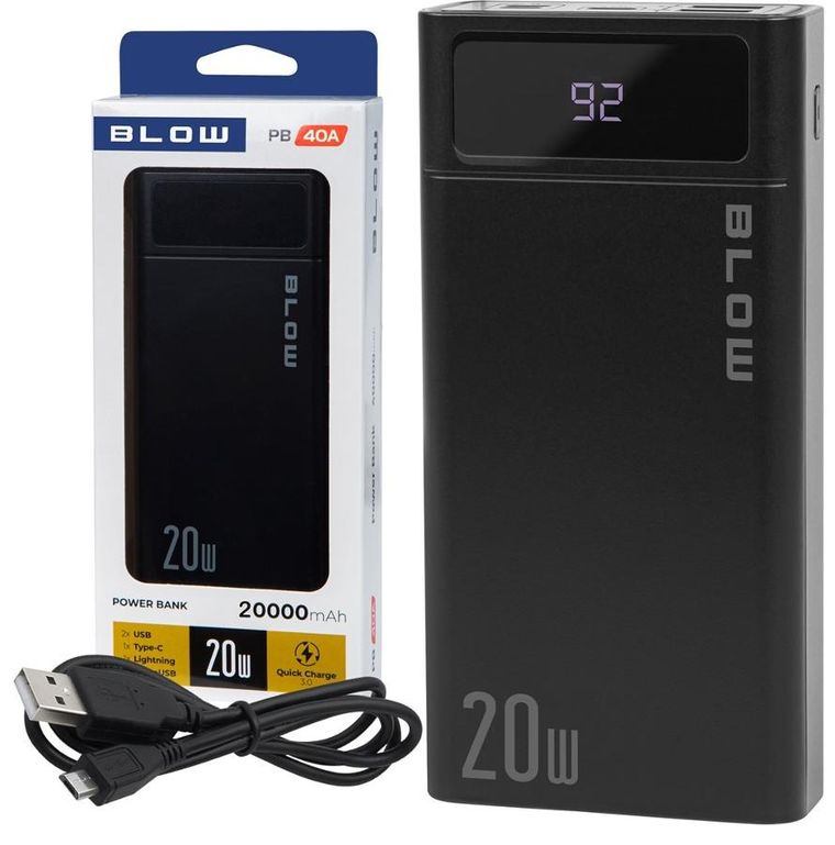 Blow, power bank, czarny, 20000MAH, 20W, PB20F
