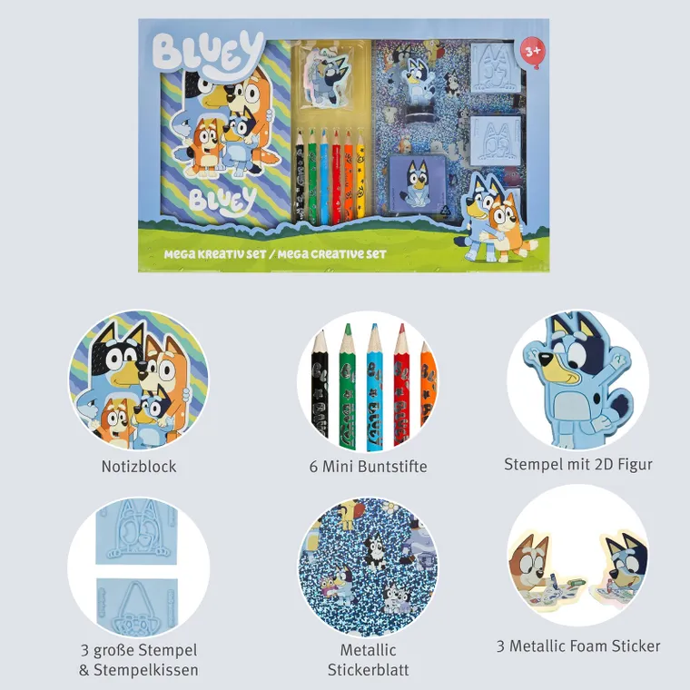 Bluey, mega zestaw kreatywny, notanik, kredki, naklejki i stemple