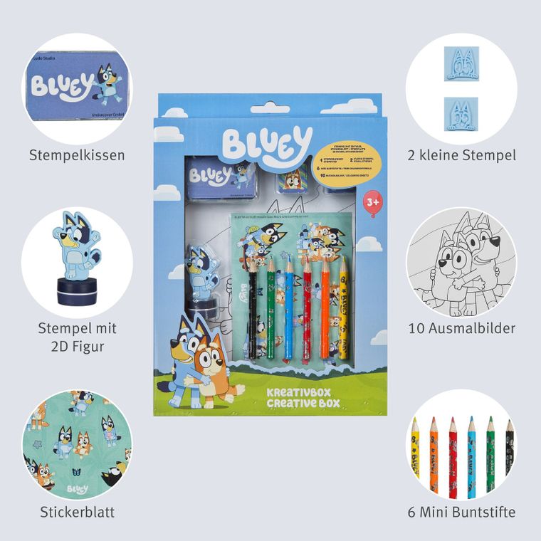 Bluey, zestaw kreatywny, kolorowanki, naklejki i stempelki