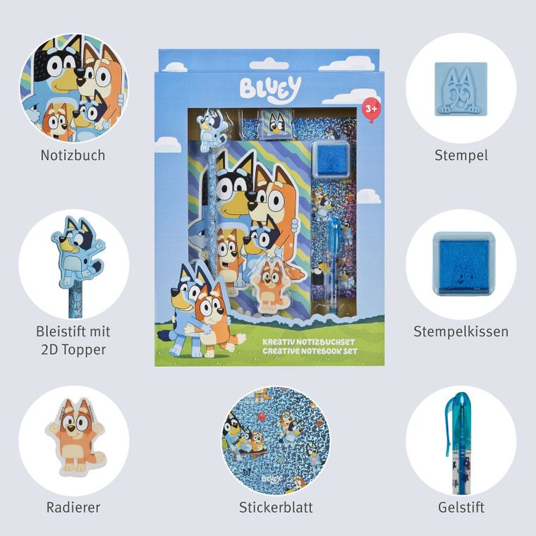 Bluey, zestaw kreatywny z notatnikiem, ołókiem, długopisem, stempelkiem i naklejkami