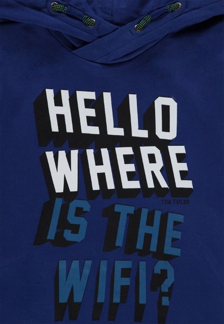 Bluza chłopięca z kapturem, granatowa, Hello Where Is The Wifi?, Tom Tailor