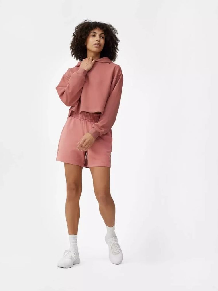 Bluza damska z kapturem, crop top, różowa, 4F