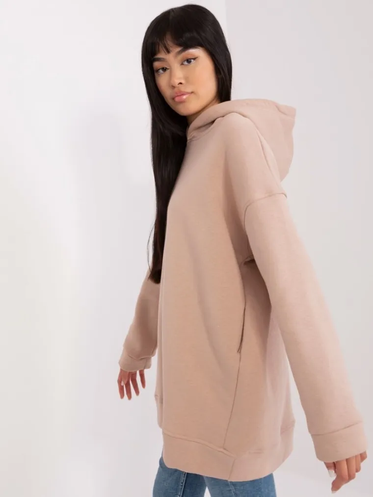 Bluza damska z kapturem, oversize, beżowa, Basic Feel Good