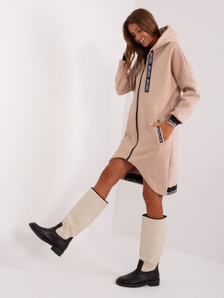 Bluza damska z kapturem, rozpinana, beżowa, Relevance