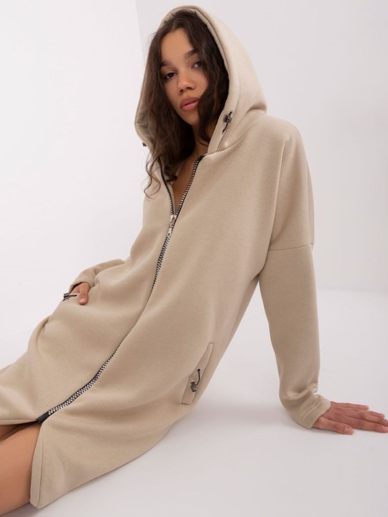 Bluza damska z kapturem, rozpinana, beżowa, Rue Paris