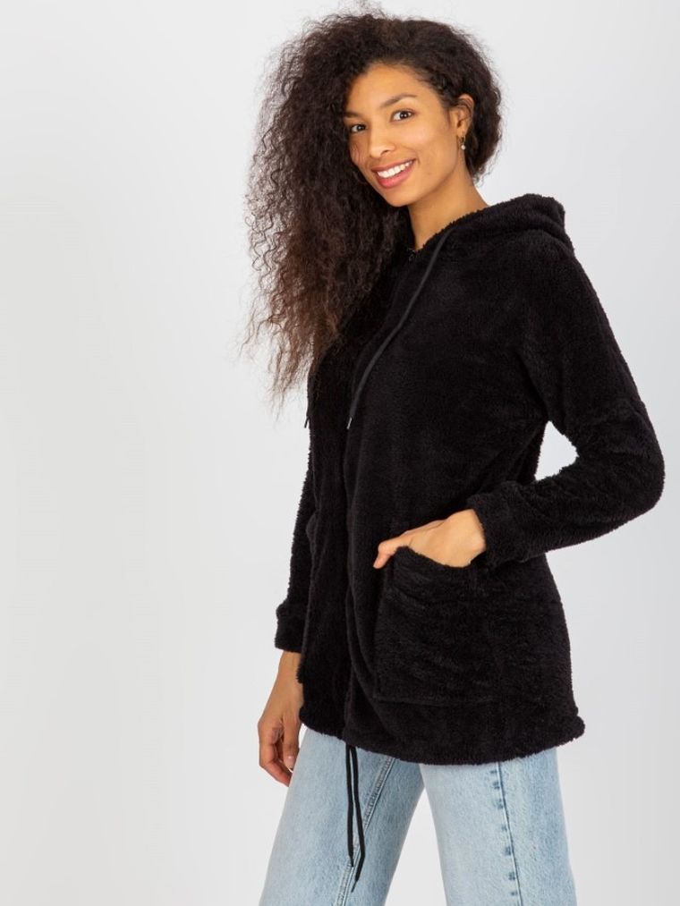 Bluza damska z kapturem, rozpinana, czarna, Rue Paris