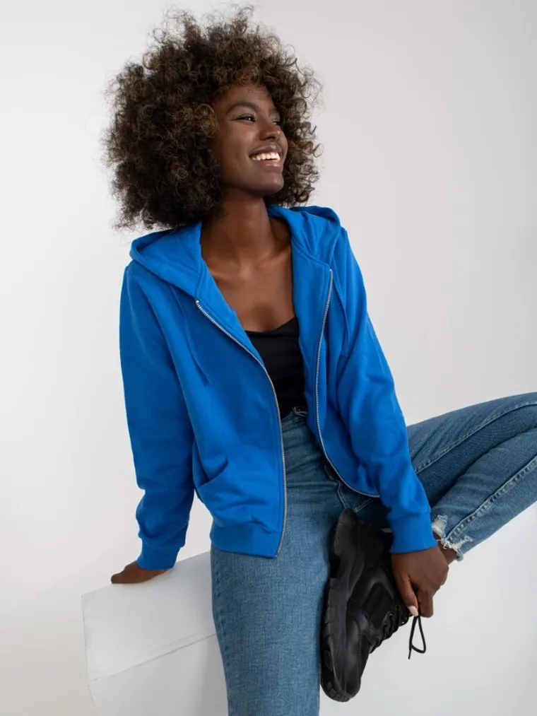 Bluza damska z kapturem, rozpinana, niebieska, Basic Feel Good