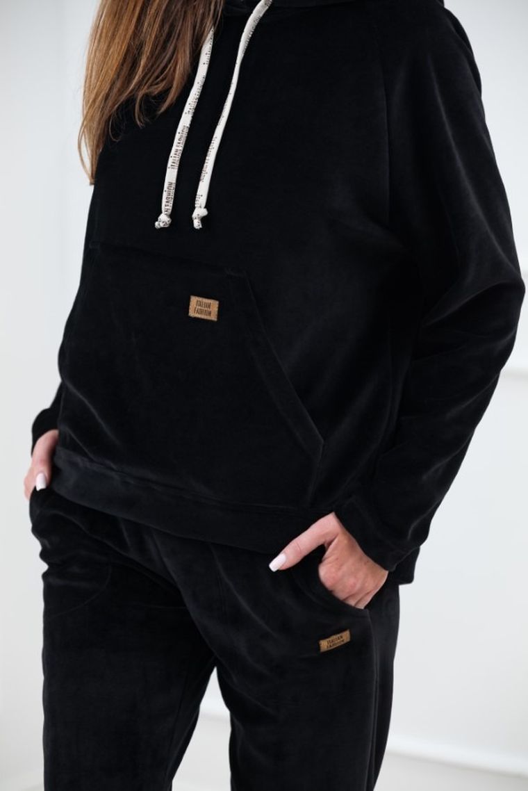 Bluza damska z kapturem, welurowa, czarna, Oliw, Italian Fashion