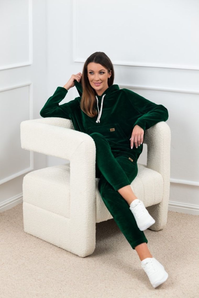 Bluza damska z kapturem, welurowa, zielona, Oliw, Italian Fashion