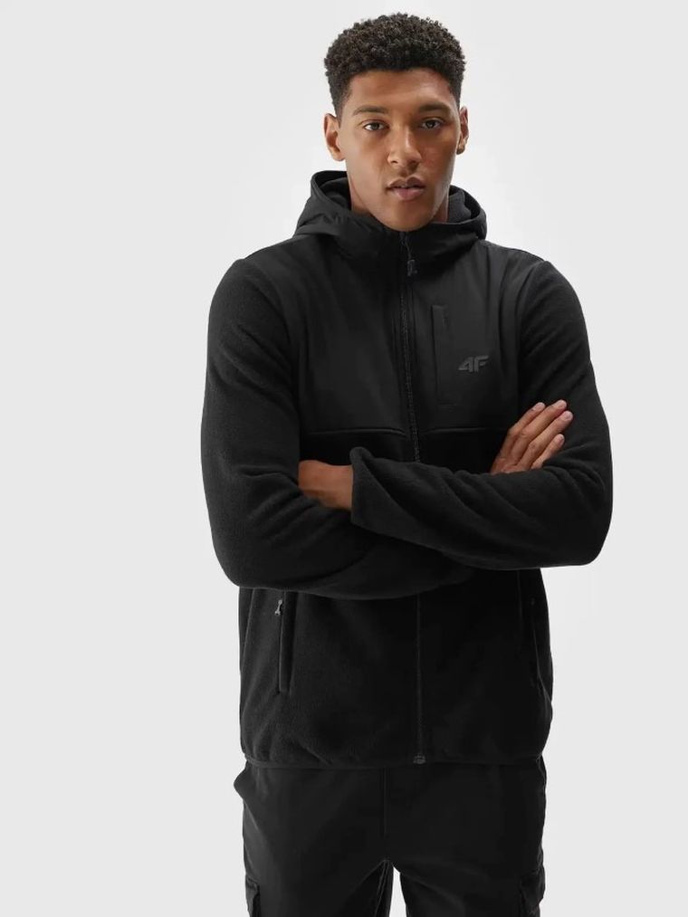 Bluza męska z kapturem, rozpinana, polarowa, czarna, 4F