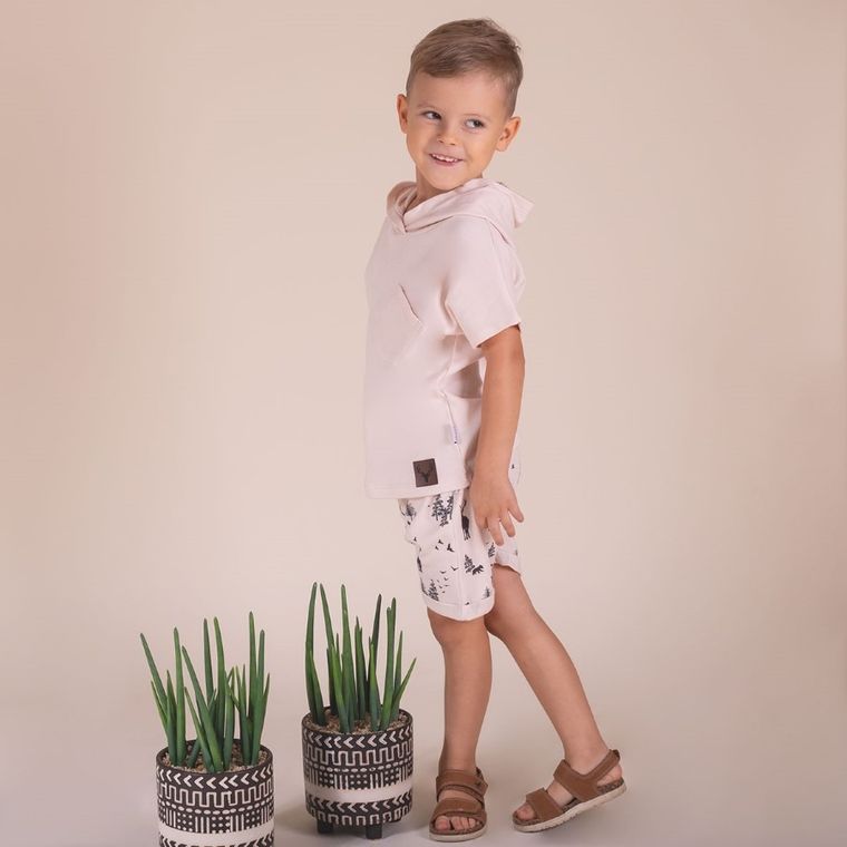 Bluzka chłopięca z krótkim rękawem, z kapturem, beżowa, Nicol