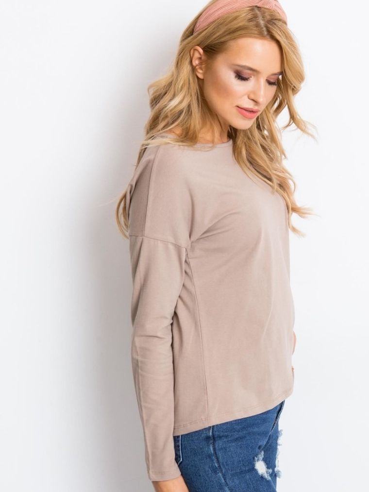 Bluzka damska z długim rękawem, beżowa, Basic Feel Good