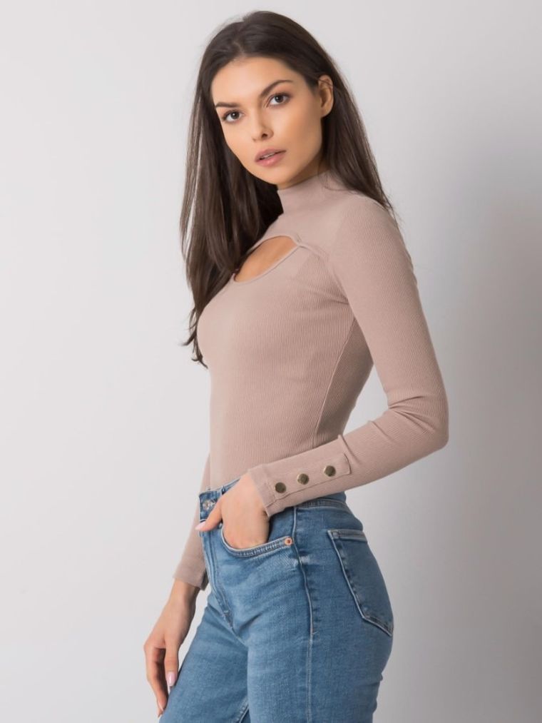 Bluzka damska z długim rękawem, beżowa, Basic Feel Good