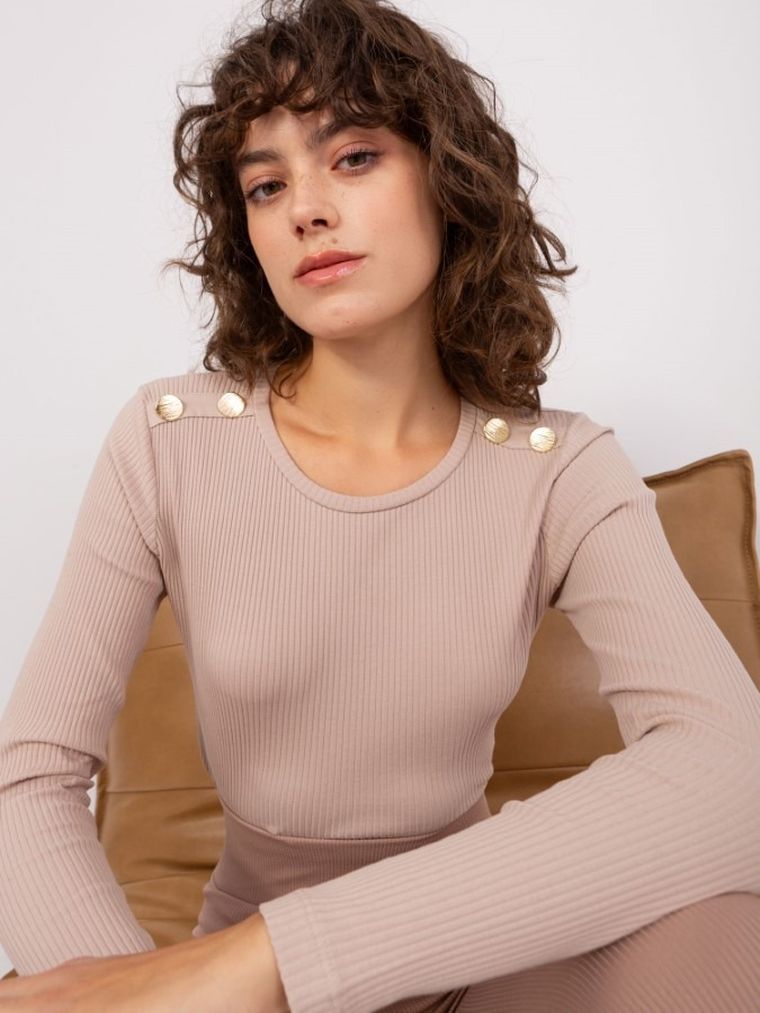 Bluzka damska z długim rękawem, beżowa, Basic Feel Good