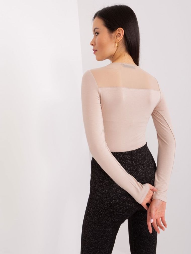 Bluzka damska z długim rękawem, beżowa, Basic Feel Good