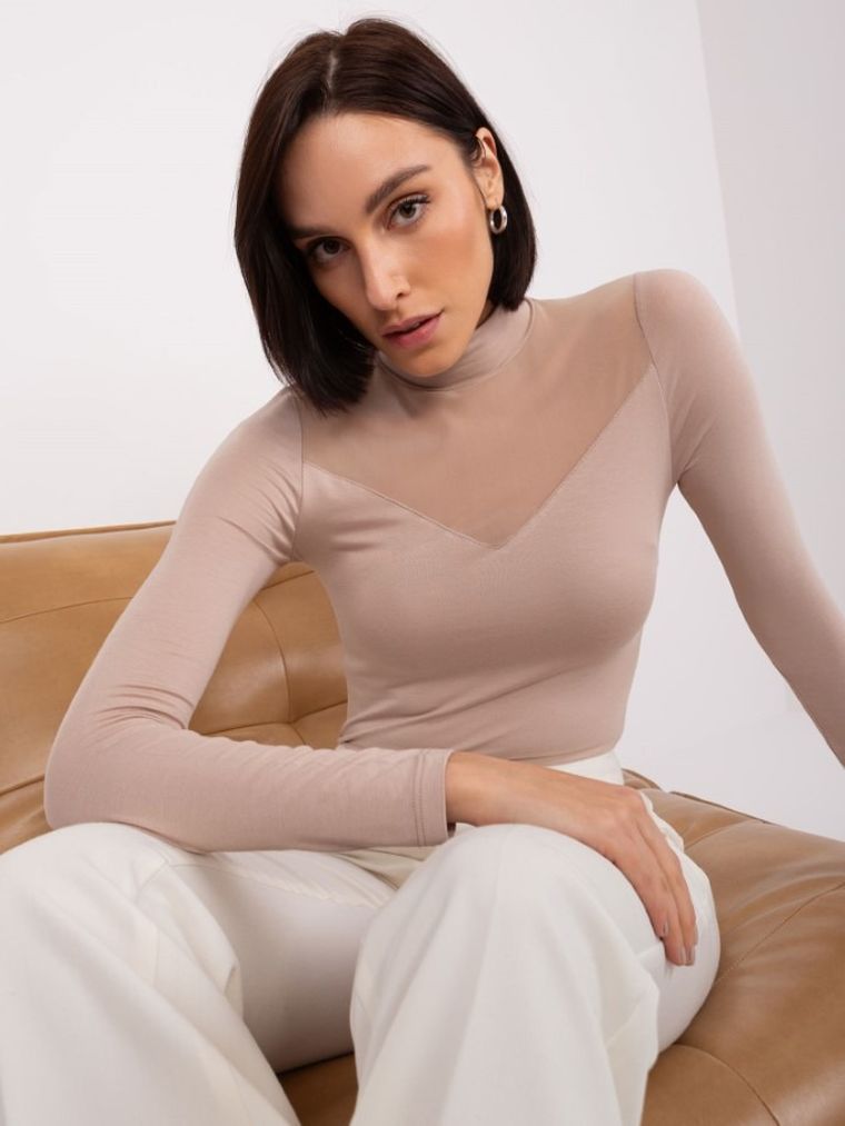 Bluzka damska z długim rękawem, beżowa, Basic Feel Good